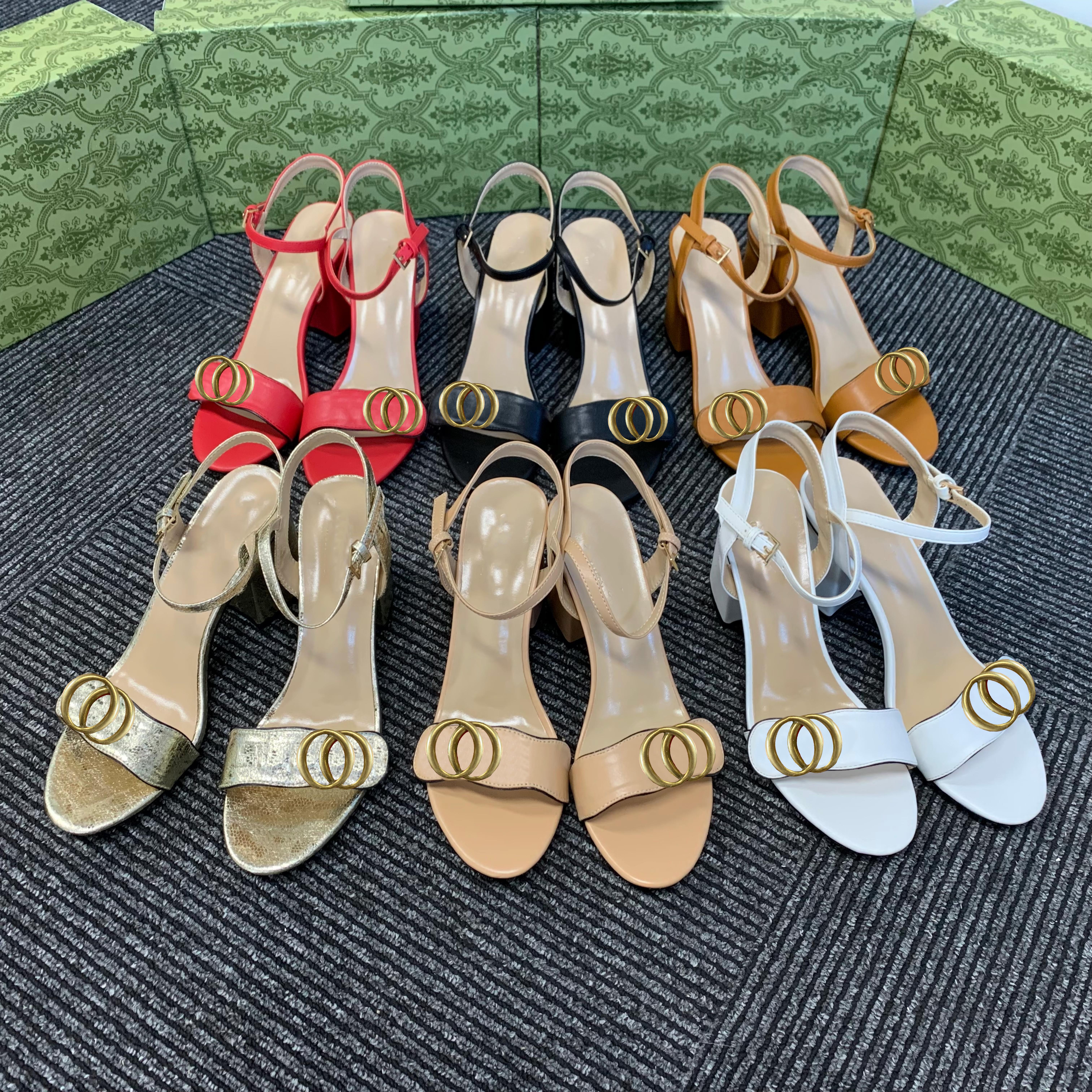 

Leather Sandals Party Fashion Leather Ladies Dress Shoes Suede Sexy High Heels Ladie Metal G Label Chunky Heel Women Shoe Size 35-42