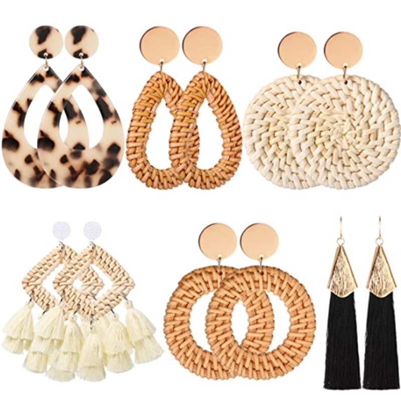 

National Style Geometric Vine Hand Woven Earrings Beach Exaggerated Rattan