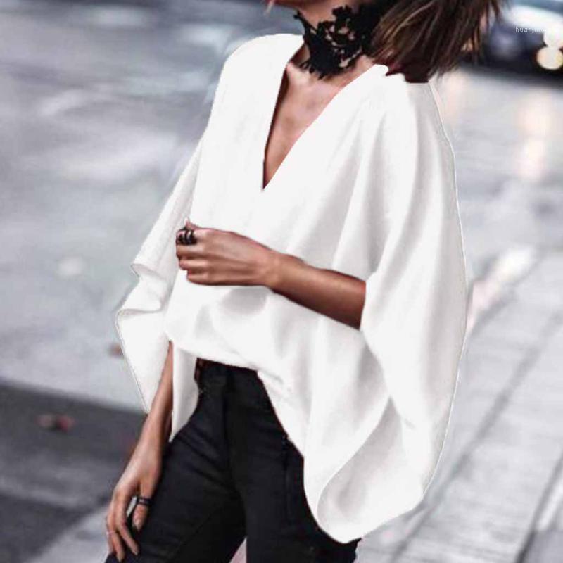 

Summer Chiffon Blouse Women Sexy Deep V Neck White Blusas Shirt Lady Loose Bat-wing Sleeve Top Elegant Streetwear Women's Blouses & Shirts