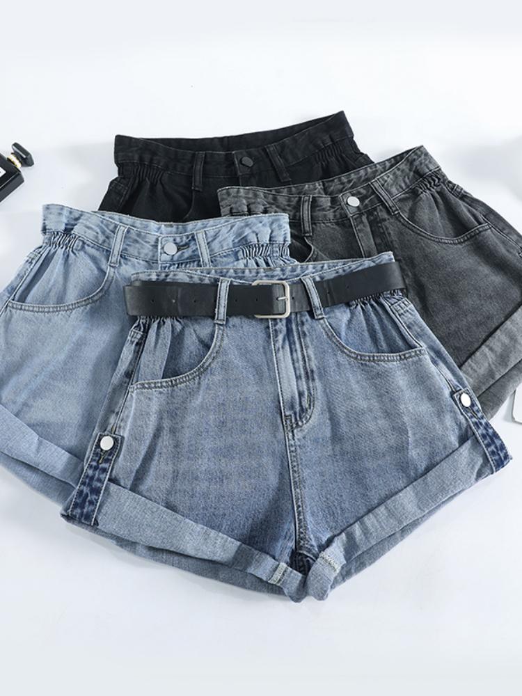 

Women's Shorts Summer Wide Leg Denim Women Fashion Buttons Pockets High Waist Jeans With Belt Lady Casual Loose ShortsWomen's, Black