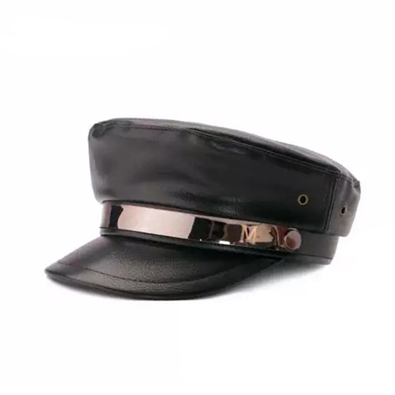 

Berets Fashion Women Military Hats Autumn Winter PU Leather Sheepskin Sboy Caps With Belt Female Visors Chapeu Gorras Mujer InviernoBerets, Black