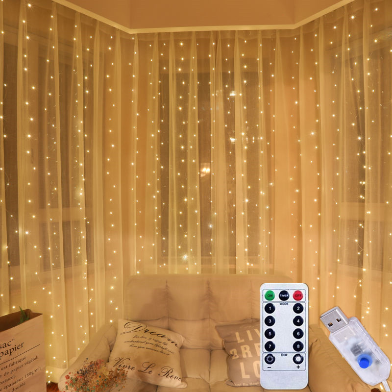 

3M LED Curtain String Fairy Lights Remote Control USB 5V Copper Lights Christmas Decoration For Home Bedroom Wedding Party Holiday Lighting 8 Modes 3X3M 3X2M 3X1M
