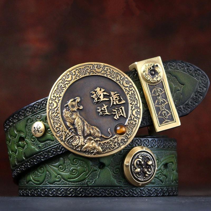 

Belts Unique Chinese Design Brass Genuine Leather Strap Male For Men Women Cowhide Vintage Tiger Buckle Belt 105-130CM, Black