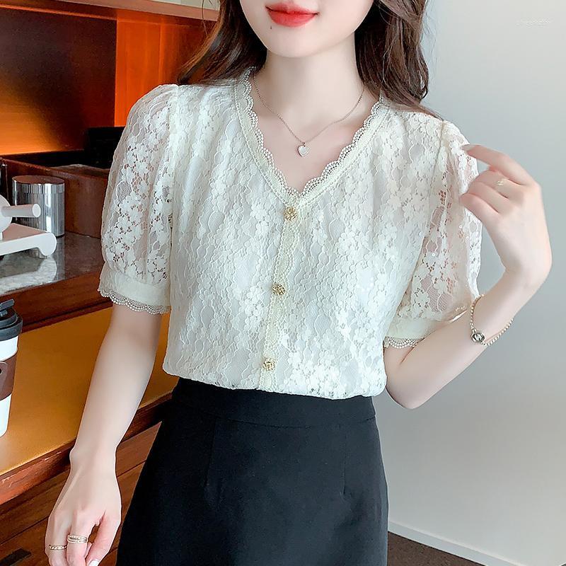 

Women' Blouses & Shirts Chikichi V-neck Lace Shirt Summer 2022 Season Retro Hollow Metal Buckle Fashion Commuter Chiffon Womens TopsWomen, Apricot