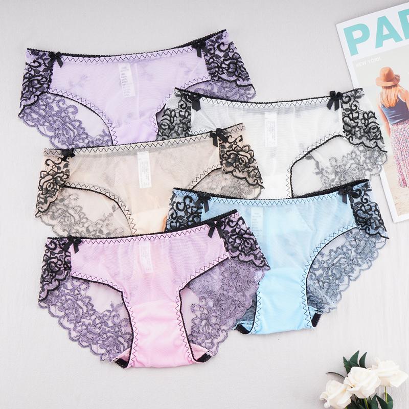 

Women's Panties 3Pcs/lot Woman's Sexy Transparent Mesh Briefs Low-waist Lace Underwear Exquisite Embroidery Knickers Cosplay LingerieWom