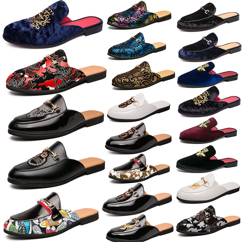 

Luxury Brand Mens designer Horsebit Metal Buckle Bee slippers Genuine Leather mules black red white Flip Flops men Indoor and outdoor casual Lazy shoes, 501 scorpion