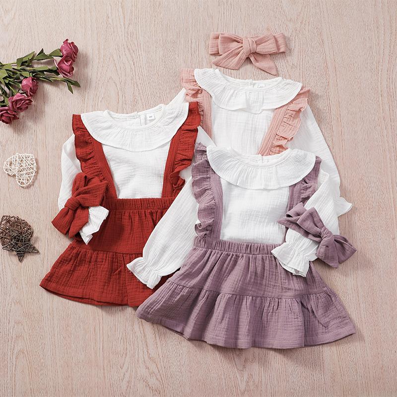 

Clothing Sets Baby Girl Clothes Spring And Autumn Pure Cotton Suit Fashion Ruffled Top + Strap Skirt Two-piece Free Headband, Red