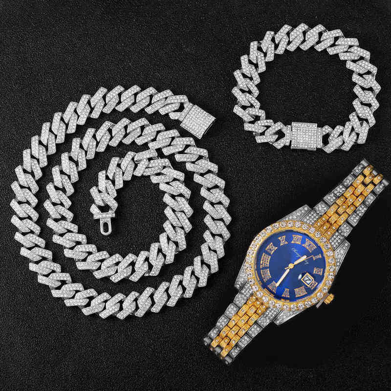 

HBP Hip Hop Necklace 16mm 3 Piece Set Heavy Duty Watch Prong Cuban Necklace Bracelet Bling Crystal Aaa Ice Rhinestone Chain Jewelry 0509