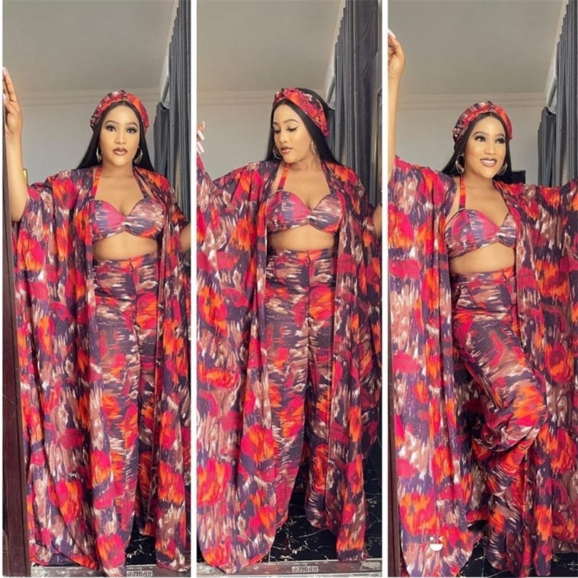 

Chic 4 Piece Set European And American Sexy Print African Abaya Design Bra Top+Pants+Cape Coat+ Scarf Women Sets Dress 220510, Red