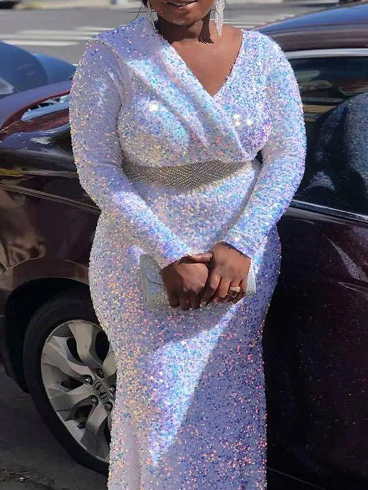 

Plus Size Dresses Sequin Velvet Long Sleeve Midi Mermaid Dress Elegant Curve Ladies Party Celebrity Christmas Evening Gowns 2022Plus, White