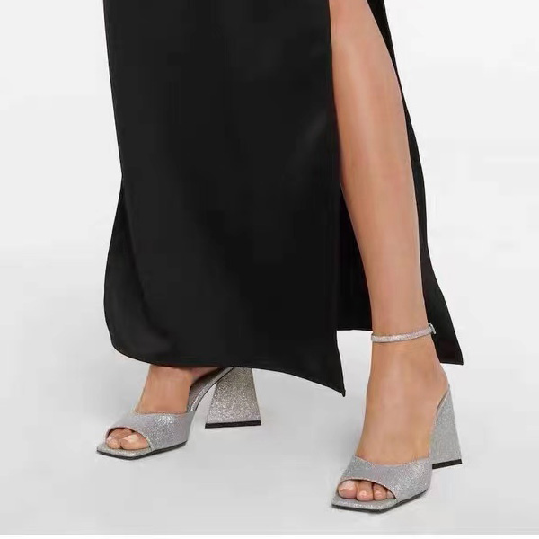 

TheAtticoThick Shiny silver sandals Luxury Designer Sandals Square toe Sequined Cloth 115mm triangleThick heel Dinner dress shoes Women's slipper, Red