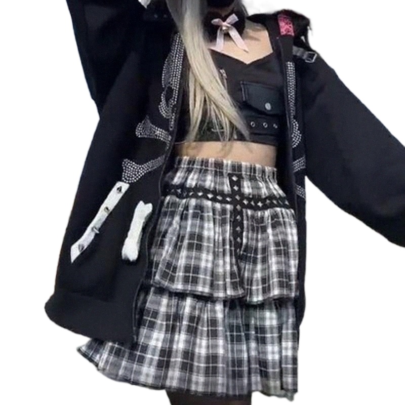 jupes gothiques femmes rivet punk style double couches jupe blanche noire plaid courte haute robe de bal de taille mini féminine harajuku h6s0 #