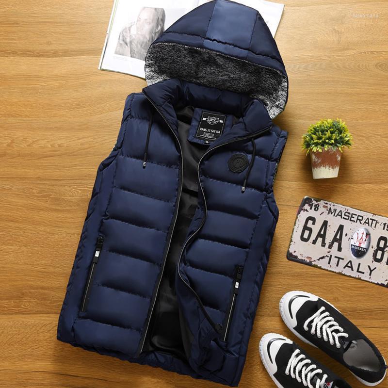 

Men's Vests Vest Men Casual Brand Hat Hooded Warm Thick Autumn Winter Sleeveless Coats Male High Quality Cotton-Padded Waistcoat Kare22, Blue