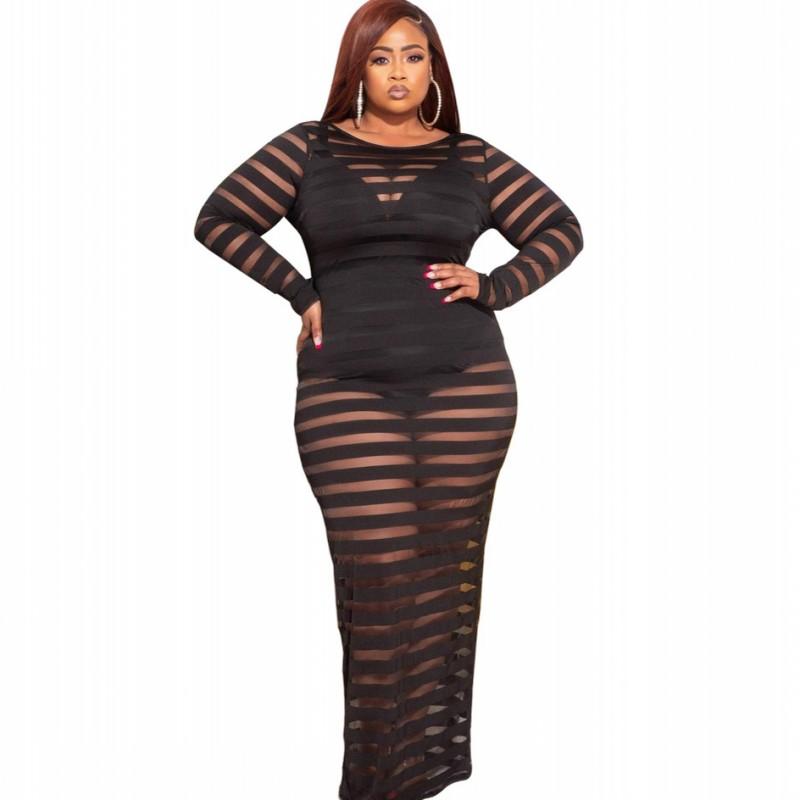 

Plus Size Dresses Women Maxi Dress Full Sleeve O Neck Slim Robe 2022 Fashion Striped See Through Sexy Pencil Gown VestidosPlus, Black
