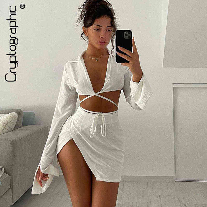 

Cryptographic Fashion Outfits Bandage Tie Front Top and Skirt Sets Women 2021 Fall Matching Set Split Skirt Club Party Clothes T220729, White