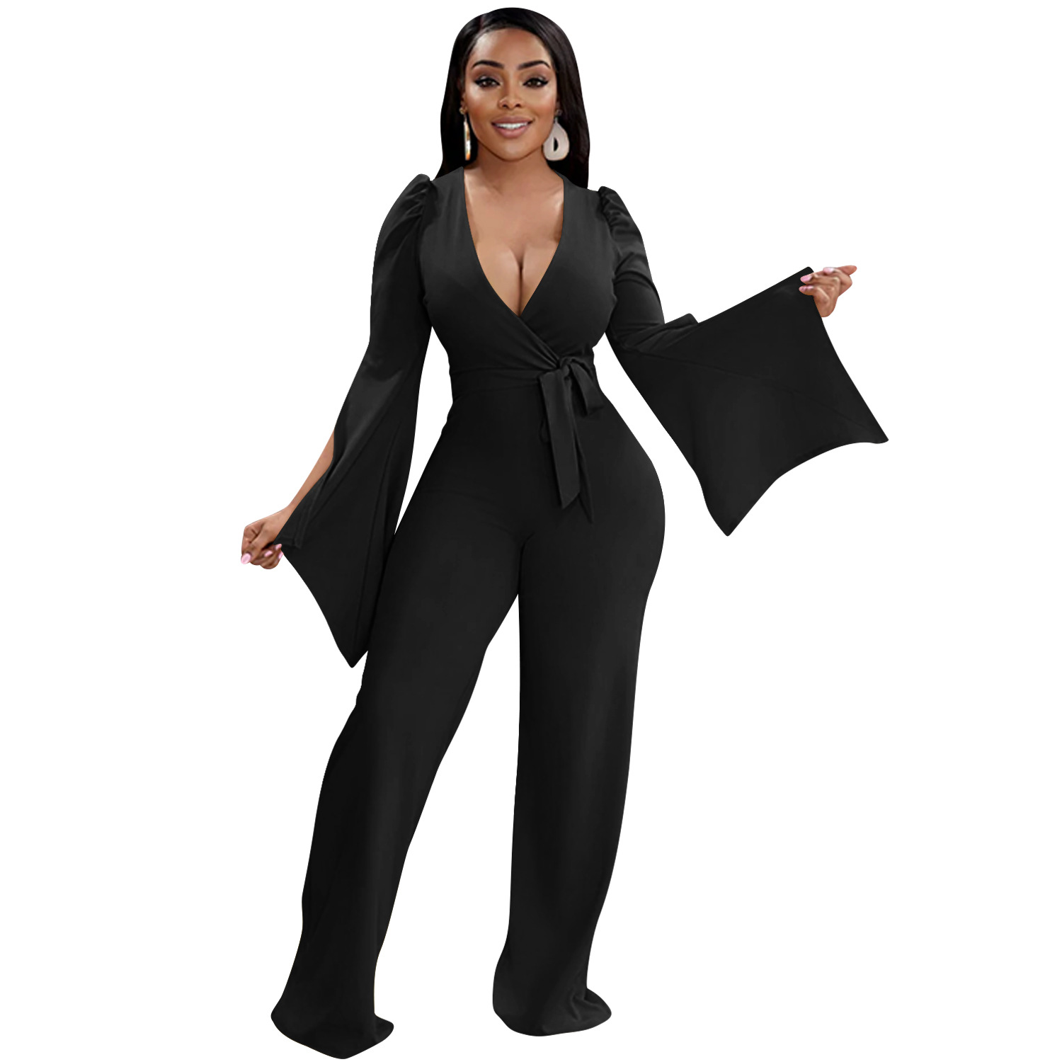 

Women's Jumpsuits Solid color sexy deep V strap wide sleeve pant romper, 02