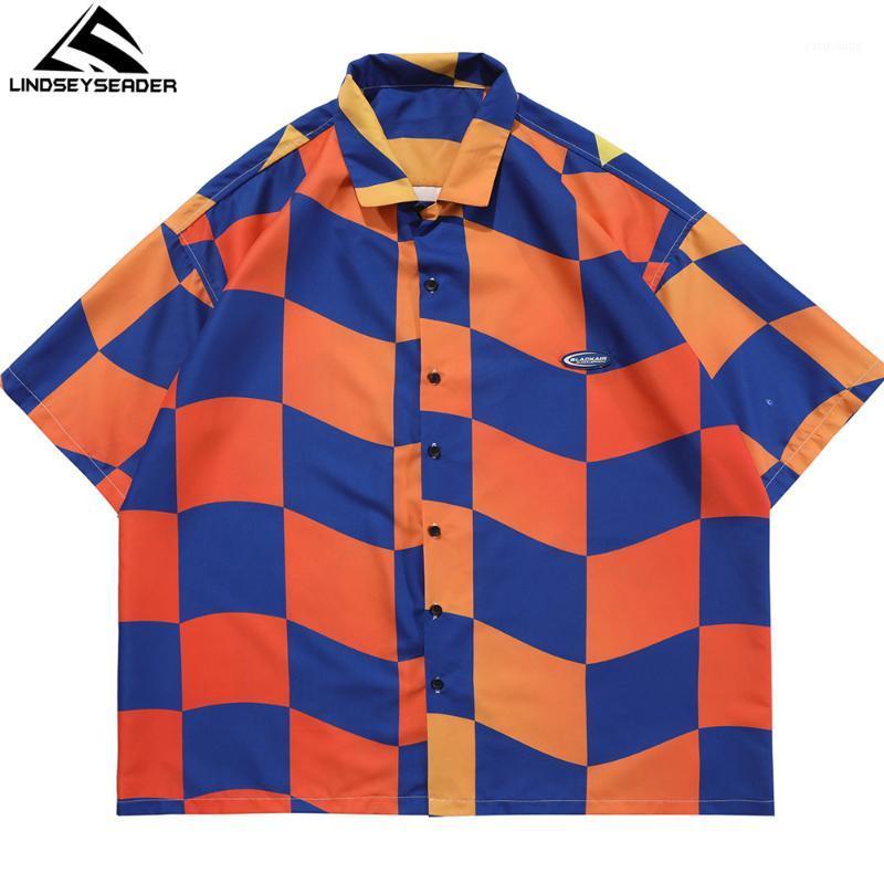 

Men's Checked Casual Shirts Hip Hop Streetwear Harajuku Summer Short Sleeve Oversized Style Polyester For Men Clothing, Blue