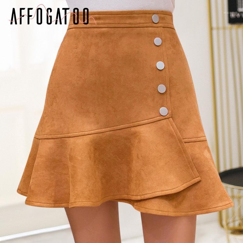 

Skirts Affogatoo Sexy Suede Winter Skirt Women Ruffle High Waist Button Bodycon Mini Autumn Casual Slim Trumpet 2022, Black