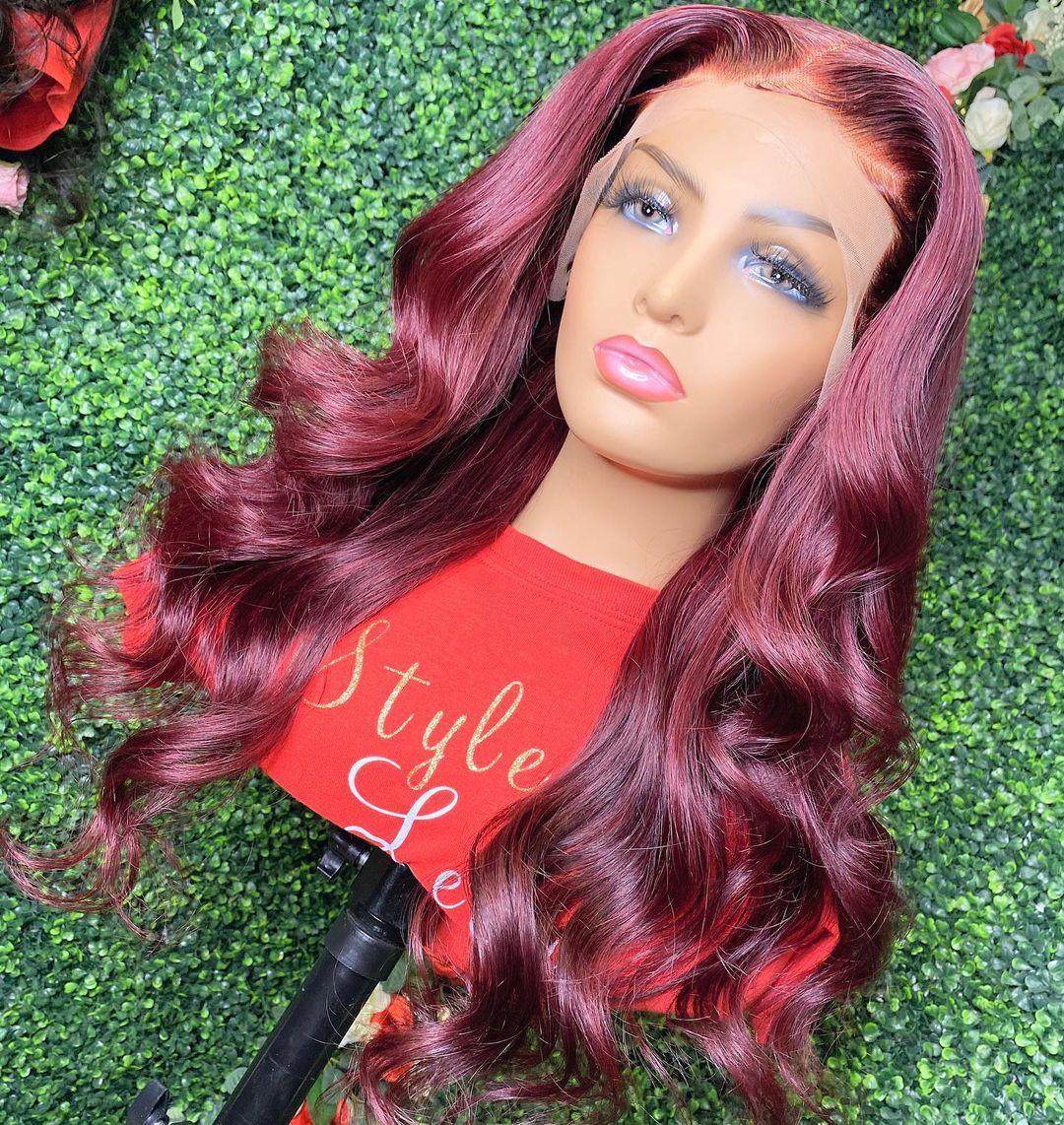 

Natural Looking 26Inch Long 180 Density Wig Burgundy Body Wave Lace Front Wig for Women Black Color with Preplucked Glueless Baby Hair Pre-pulled, As the picture shows