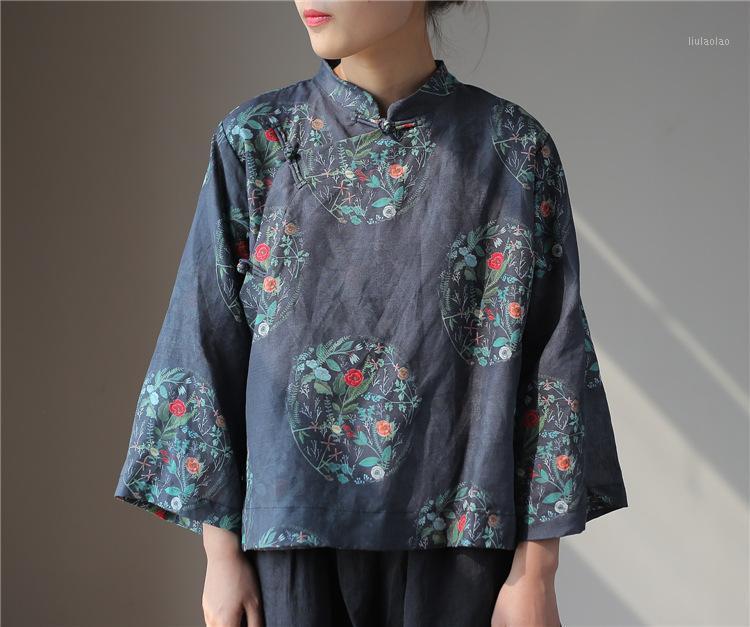 

Vintage Slant Frog Buttons Geommetric Color Block Print Pure Ramie Blouse, Elegant Retro Ladies Three Quarter Sleeve Top Shirts Women's Blou, As photo