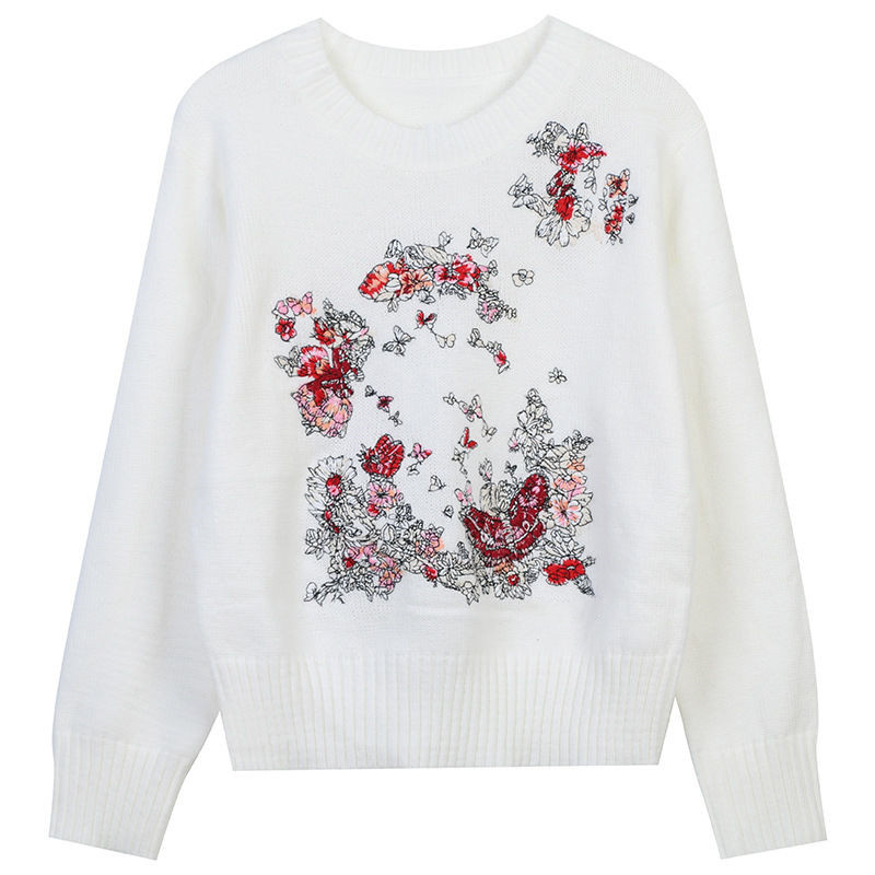 

Women' Sweaters Embroidery Cashmere Long Sleeve Jumper Sweater High Quality Pullover Knit Top Women Flower and Butterfly Printing, Extra shipping cost