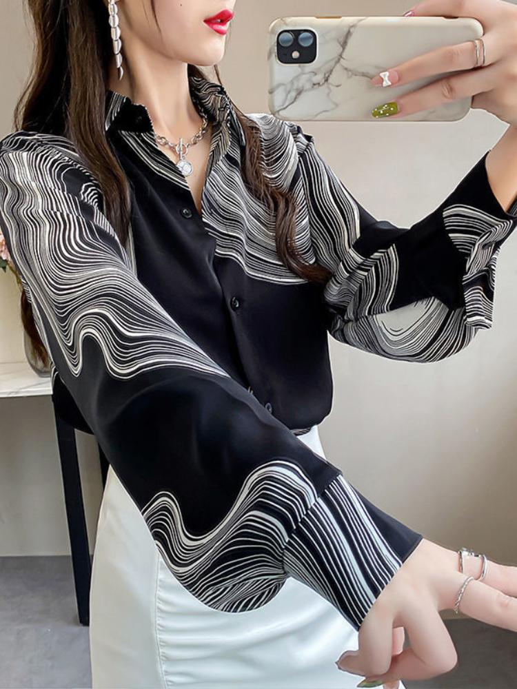 

Women' Blouses & Shirts Elegant Lapel Lantern Sleeve Printed Button Chiffon Shirt Oversized Casual Long Women Clothing Loose Office Lady Bl, Color 4