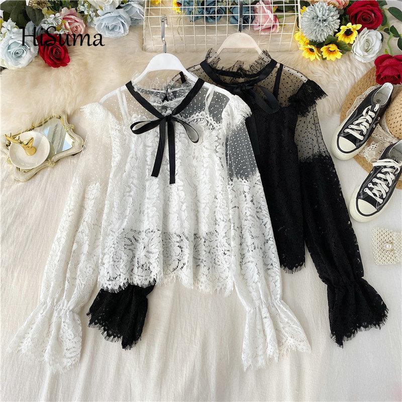 

Women's Blouses & Shirts 2022 Spring Autumn Female Lace-up Bow Puff Sleeve Ruffles Gauze Women Sweet Mesh Fairy Shirt, Black