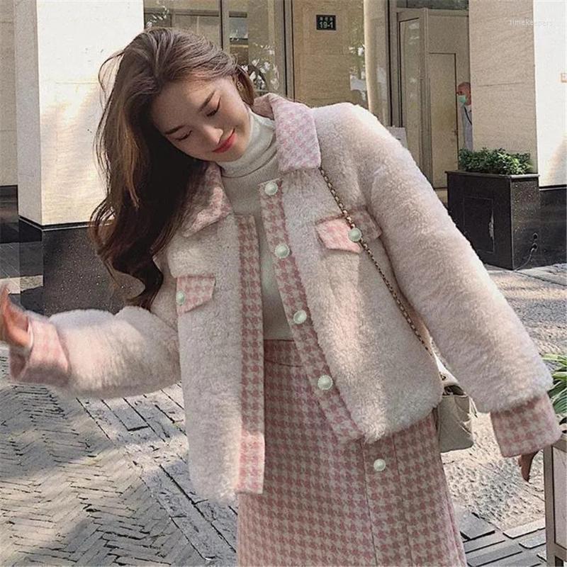 

Women' Knits & Tees Winter Warm Lamb Wool Sweet Coat Women Korean Thick Two Piece Sets Jackets Chic Streetwear Female High Waist A-line Ski, Suit