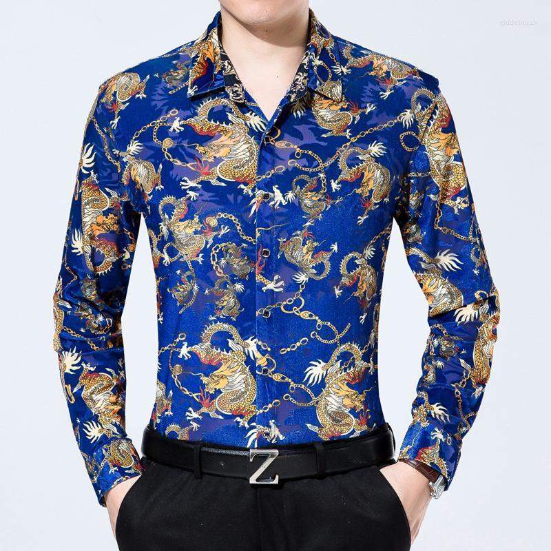 

Men' Casual Shirts Mens Autumn See Through Gold Velvet Dress Shirt China Dragon Long Sleeve Man Fashion Printing ClothesMen' Eldd22, Black
