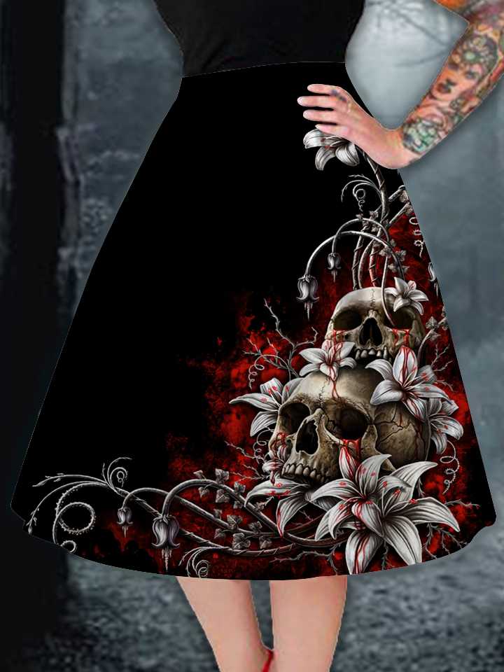 

Skirts Autumn 2022 Long Skirt Women' Fashion Casual 3D Skull Flame Retro High Waist Pleated BlackSkirts, Eq2402241