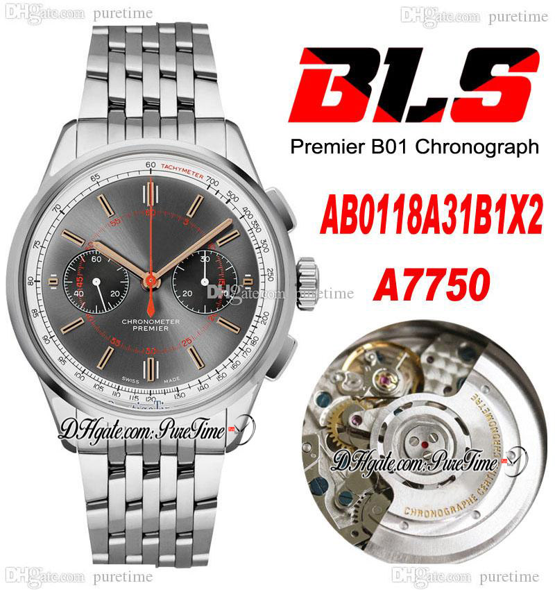 

BLS Premier B01 42mm Eta A7750 Automatic Chronograph Mens Watch Steel Gray Black Dial Stick Stainless Steel Bracelet AB0118221B1A1 Super Edition Puretime 04j10