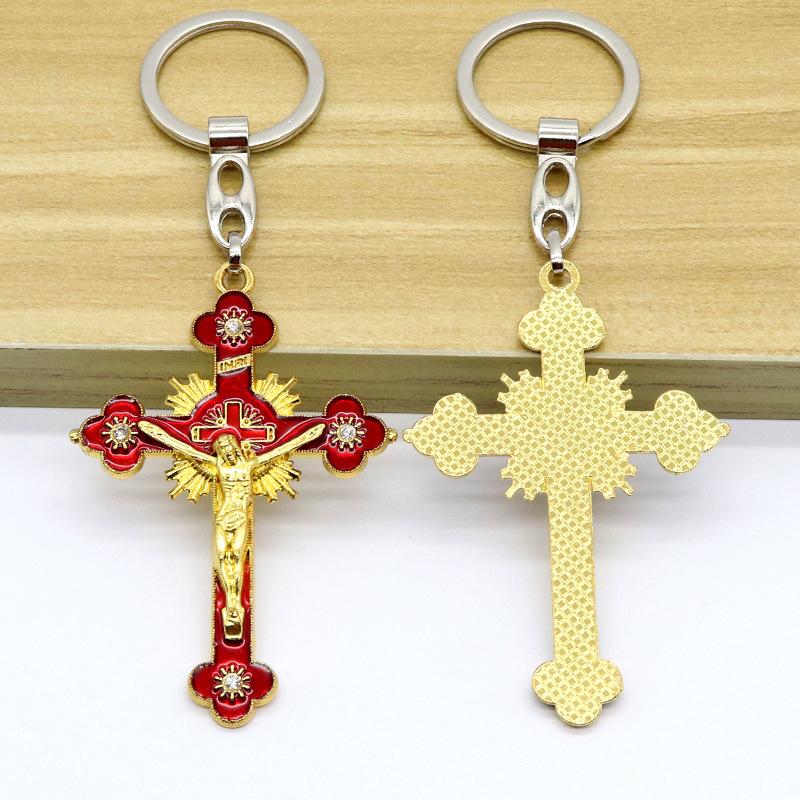 

Keychains Crystal Cross Gift Catholic Christian Key Chain Gold Jesus 8 Colors Pendant Jewelry Saint Benedict Keyring 2022