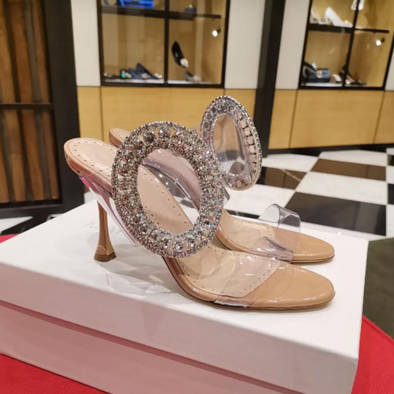 

Sandals Chic Big Crystal Buckle Clear Pvc Slipper Peep Toe Summer Rhinestone High Heel Woman Transparent Banquet ShoesSandals, Silver 9.5cm