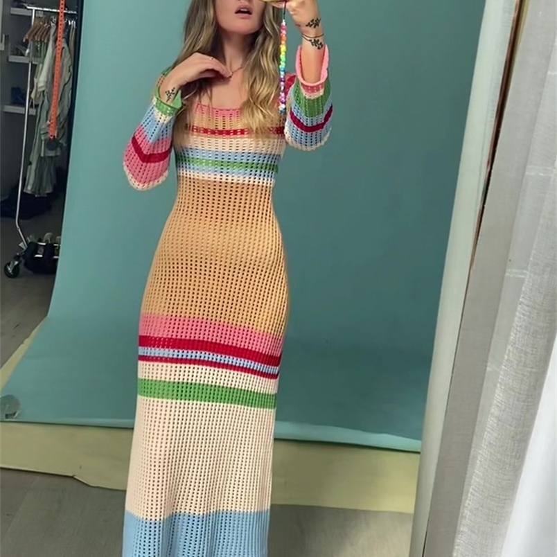 

Aproms Multi Striped Crochet Midi Dresses Women Summer Scoop Neck Hollow Out Bodycon Lady Holiday Festival Long 220613, Khaki