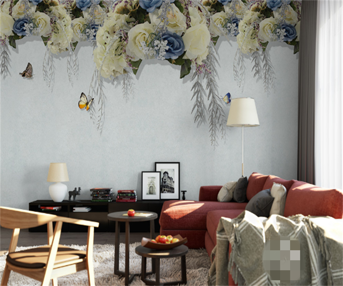

European simple flower butterfly living room TV background wallpaper professional custom wallpaper mural, White