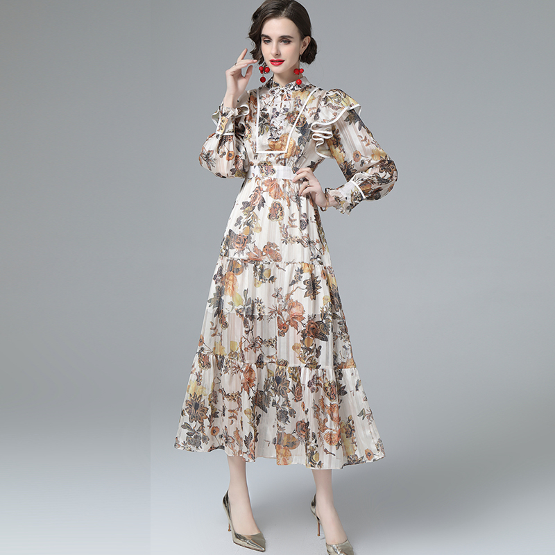 

Women' Runway Dress Stand Collar Long Sleeves Printed Ruffles Elegant High Street Fashion Midi Dresses Vestidos, Beige