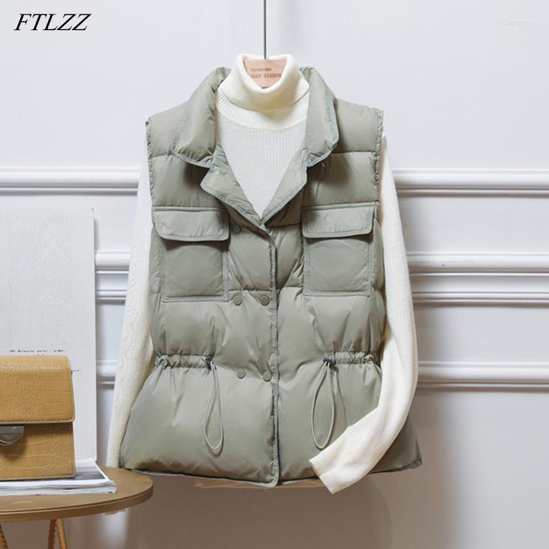 

Women' Down & Parkas FTLZZ Winter Single Breasted Warm Vest Jacket Women Loose Sleeveless White Duck Underwaist Coat Waist Retractable Luci, Black