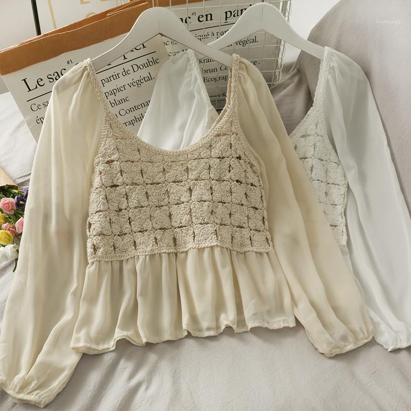 

Women's Blouses & Shirts Top Female Chiffon Stitching Bubble Long-Sleeved Blouse 2022 Spring And Summer Hollow One-Shoulder All-Match Small, Apricot