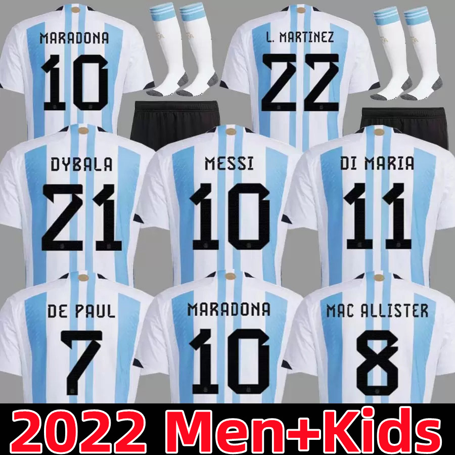 

2022 MESSIs Argentina Soccer Jerseys woRLD CUp KUN AGUERO DI MARIA DYBALA L. MARTINEZ MARADONA DE PAUL LO CELSO men women kids kit National Team home away football shirt, Color 1