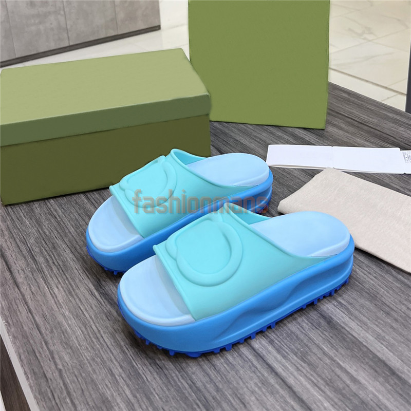 

New designer slippers Embossed Interlock Platform rubber slide sandals beach slipper women shoes flip-flops blue pink purple black ivory, 01 blue rubber