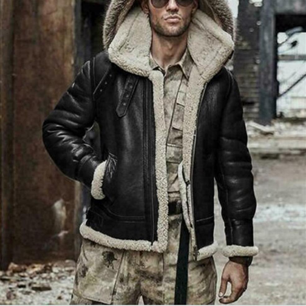 

Men's Winter Warm Aviator Fur Collar Hooded Coat Faux Leather Jacket Male Fashion Casual Outerwear T200117245v, Dark brown