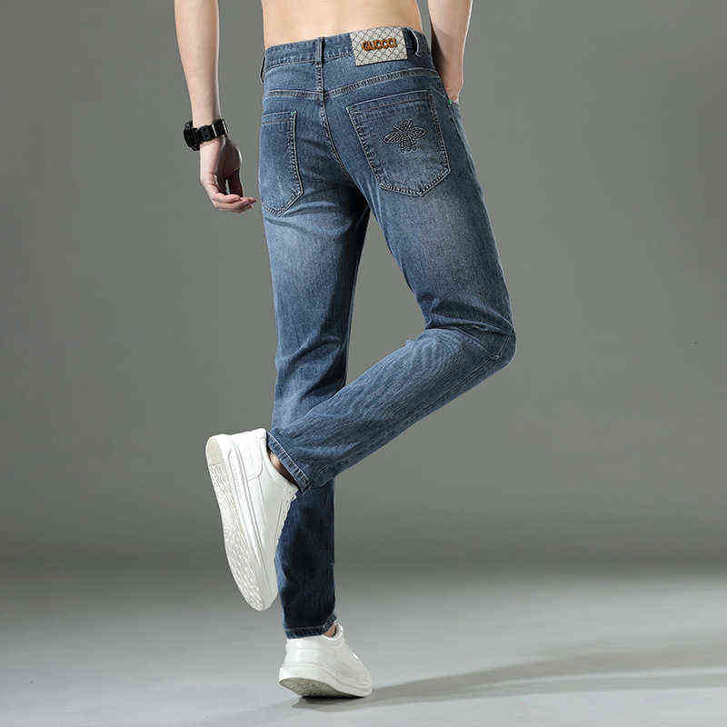 End High European Fashion Brand Thin Stretch Jeans Men's Little Bee Korean Slim Fit Youth Washed Long Pants