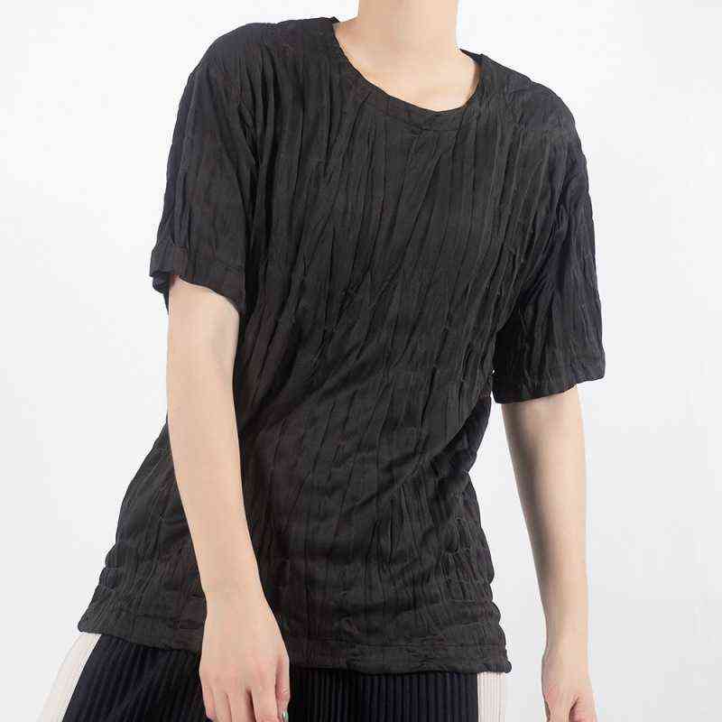 

Designerround Neck Fashion Short Sleeve T-shirt Women's Thin Pleated Top Design Sense of Minority Loose Casual Bottom Shirt, This item does not ship