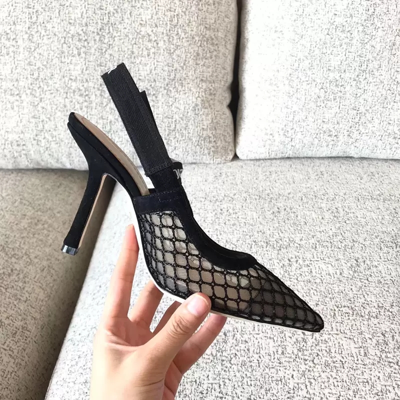 Casual Designer Sexy Lady Women Sandals Black Lace Mesh Genuine Leather Strappy Cross-tied Hollow Out high heels Slingback shoes