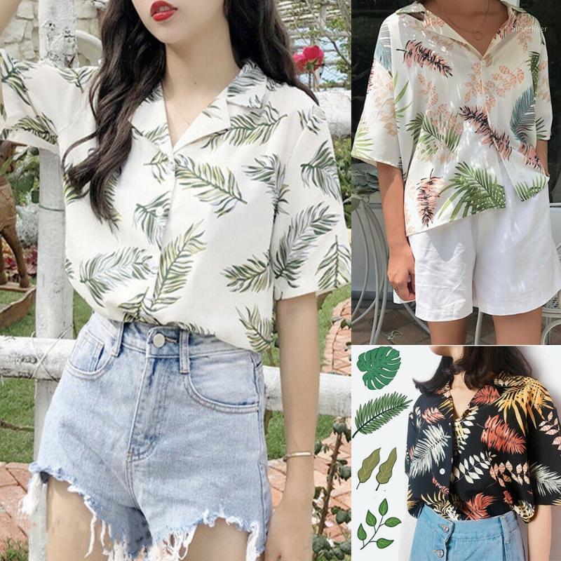 

Women's Blouses & Shirts Women Summer Holiday Casual Loose Half Sleeve Button Up Blouse Leaf Printed Tops Fashion Lapel