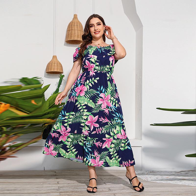 

Plus Size Dresses Holiday Beach Floral Off Shoulder Maxi Long Dress European American Style Fahion Trend Women DreesesPlus, Blue