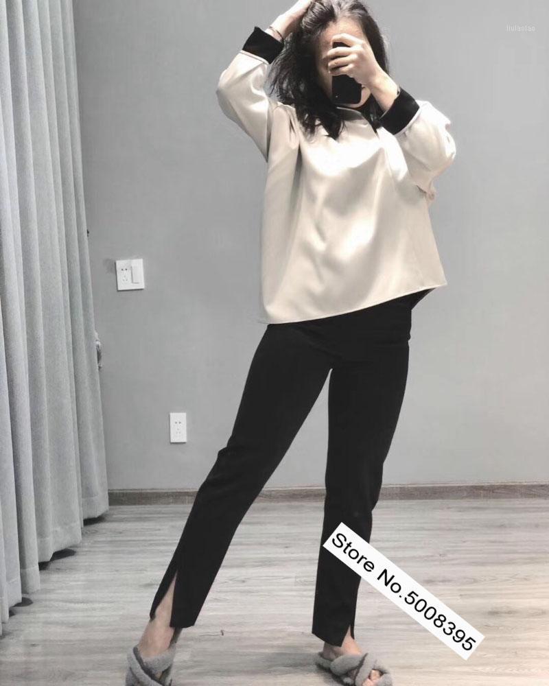 

[ElfStyle] - Creme Asymmetrical Blouse V-neck Black Contrast Lining Drop Shoulder Lustrous Structured TOP Oversized Women's Blouses & Shirts, As show