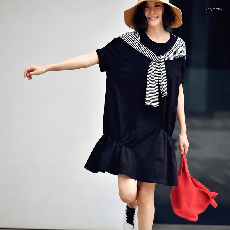 

Casual Dresses MICOCO Q2203C Stripe Patchwork Mid-length Dress With Round Neck And Short Sleeves, Black