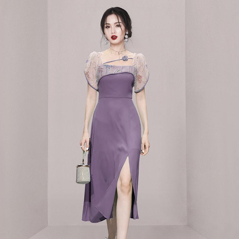 

Party Dresses Designer Fashion Women Square Collar A Line Dress Vintage Summer 3D Floral Embroidery Mesh Patchwork Purple Split Long Vestido