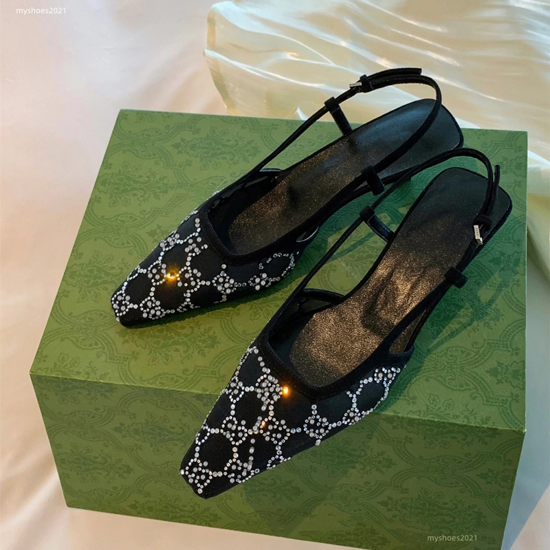 2022 Sexy Dress Shoes Women Designer Slingback Sandals Pumps Black Mesh Crystals Sparkling Buckle Sandals for Summer Autumn with Box Bling Crysta